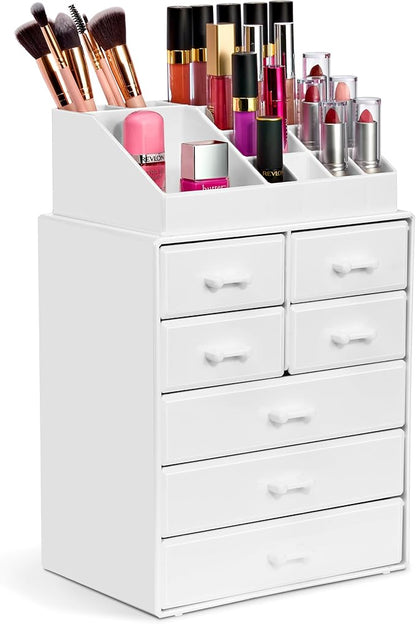 Sorbus Makeup Organizer, Brush Holder and Make Up Storage Drawers - Acrylic Makeup organizer for vanity, Bathroom - Cosmetic Display Cases with 3 large, 4 Small Drawers & 1 Tray for Makeup Brush