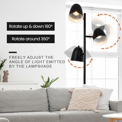 Modern Tree Floor Lamp for Living Room, 3 Lights Industrial Farmhouse Black Standing Tall Pole Lamps with Adjustable Metal Shades 70'' LED Reading Floor Lamps Decor for Bedroom Home Office