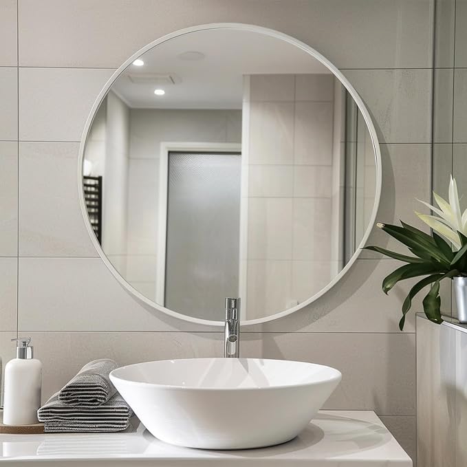 Sunniry White Round Mirror 28 inch, Matte Metal Frame Round Mirrors, Circle Mirrors for Bathroom, Living Room, Bedroom, Hallway.