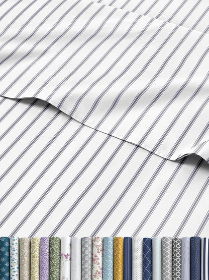 Blue and White Striped Sheets - 1 Flat & 1 Fitted Sheet & 2 Pillowcases w/ Deep Pockets - Cozy, Wrinkle & Fade Resistant - Ultra-Soft, Breathable & Cooling - Luxury Pinstripe Bedding - Full Size