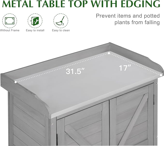 Outdoor Storage Cabinet & Potting Bench Table with Metal Top, Wooden Patio Furniture, Garden Workstation (Classic Grey, 39x31.5x17in)