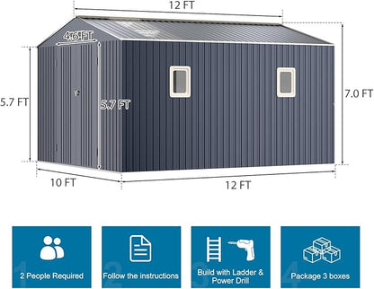 Restland 10x12 FT Outdoor Storage Shed Reinforced Frame Metal Shed with Clear Roof, Air Vent & Lockable Door Large Garden Tool Storage Sheds for Backyard, Garden, Lawn