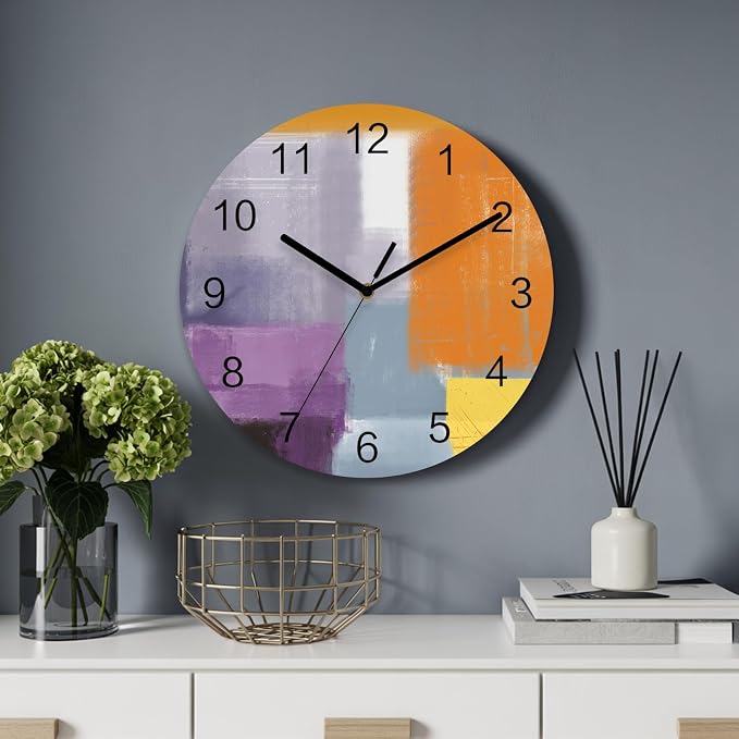 Abstract Painting Art Style Purple Orange Grey Yellow Wall Clock Battery Operated Non-Ticking 12" Round Wood Clocks, Kitchen Wall Clock for School Bathroom Living Room Home Office Wall Decor