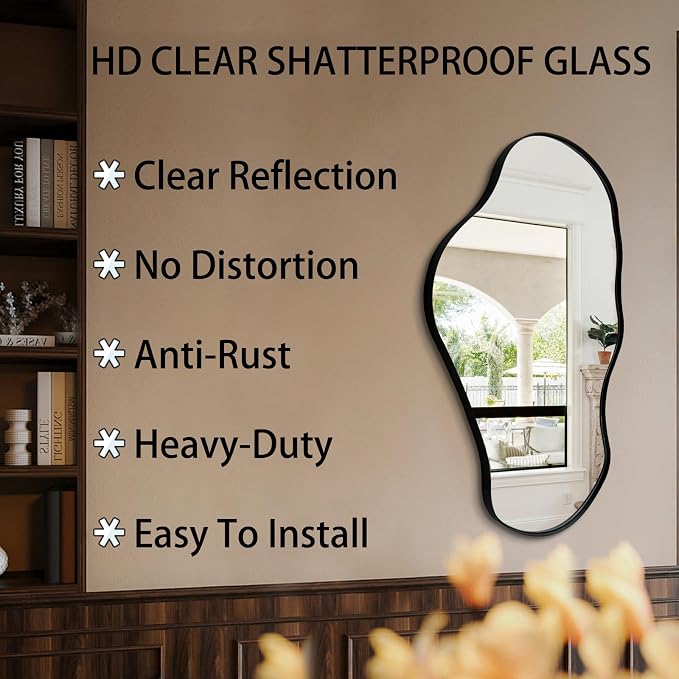 Irregular Wall Mirror, 30"x20" Asymmetrical Decorative Accent Mirror with Black Metal Frame, Organic Shape Mirrors for Entryway Bedroom Living Room, Horizontal or Vertical Hanging ﻿