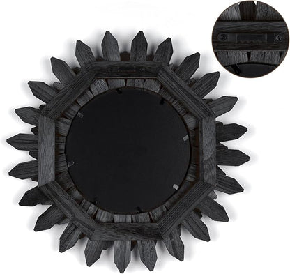 Honiway Black Wall Decor Wall Mirror 12 inch Boho Wall Decor Wood Decorative Mirror for Room Decor Home Decor for Bedroom Living Room Bathroom Kitchen Black