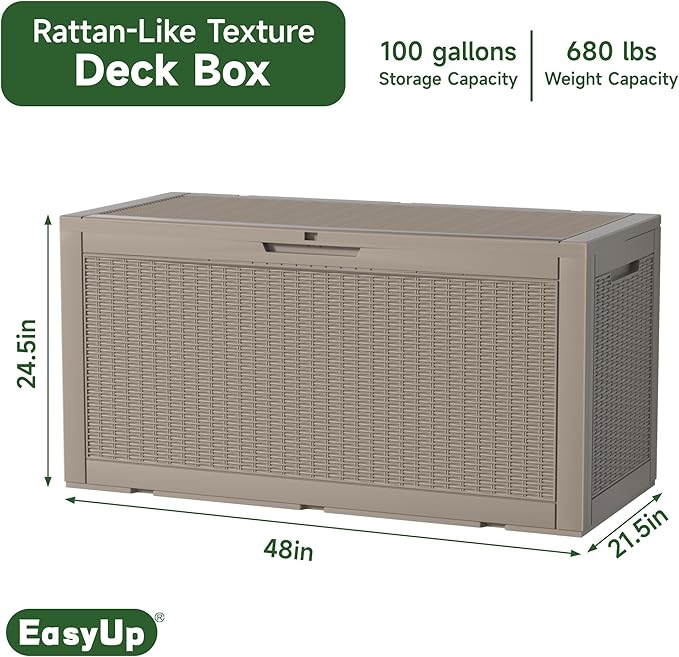 100 Gallon Outdoor Storage Box Waterproof, UV Resistant Resin Deck Box with Hydraulic Rod, Reinforced Stability for Patio, Garden, Rattan Gray