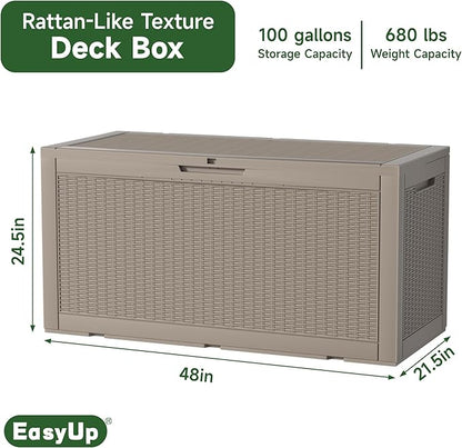 100 Gallon Outdoor Storage Box Waterproof, UV Resistant Resin Deck Box with Hydraulic Rod, Reinforced Stability for Patio, Garden, Rattan Gray