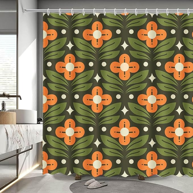 MEHOFOND Orange Floral Green Shower Curtain Vintage Mid Century Modern Abstract Geometric Bathroom Curtain Boho Retro Classic 1950S 1960S Home Bathtub Decor Fabric Waterproof Bath Curtain 72x72 Inch