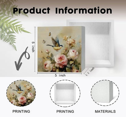 Vintage Floral Bird Decor Signs, Bird Gifts for Women Men Lover, Neutral Cottagecore Botanical Flower Wooden Box Sign for Home Bedroom Desk Table Shelf 5x5 Inch