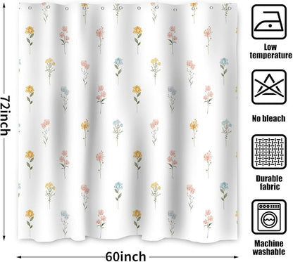 Floral Shower Curtain, Wildflower Botanical Plant Leaves Cute Flower Spring Herbs Elegant Waterproof Fabric Machine Washable for Bathroom Bathtub Decor with Hooks 60Wx72H