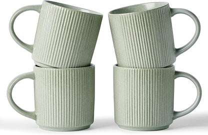 famiware Coffee Mug Set for 4, Star 12 oz Catering Mugs Cup Set with Handle for Coffee, Tea, Cocoa, Milk - Ceramic Stoneware Drinkware Set, Matte Green