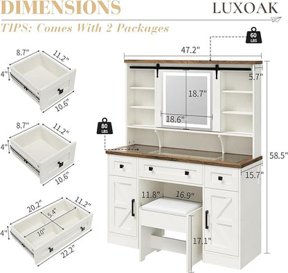 Farmhouse Makeup Vanity Desk with Sliding Mirror and Lights, 47'' Glass Tabletop Vanity Table with Charging Station, Large Vanity Set with Drawers, Stool, Barn Door Dressing Cabinets, White