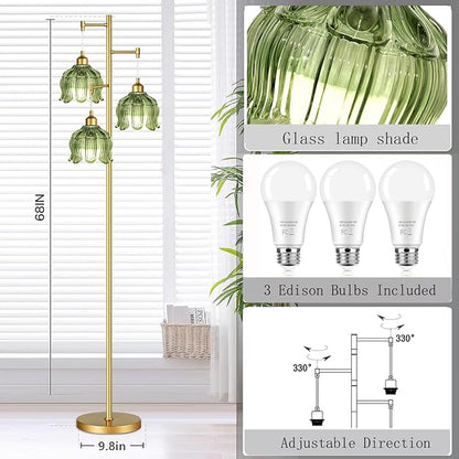 Gold Floor Lamp for Living Room Bedroom,3 Lights Modern Floor Lamps with Unique Green Glass Shades,68IN Mid Century Tall Standing Lamp,Vintage Tree Floor Lamp for Corner Office Reading Bulb Included