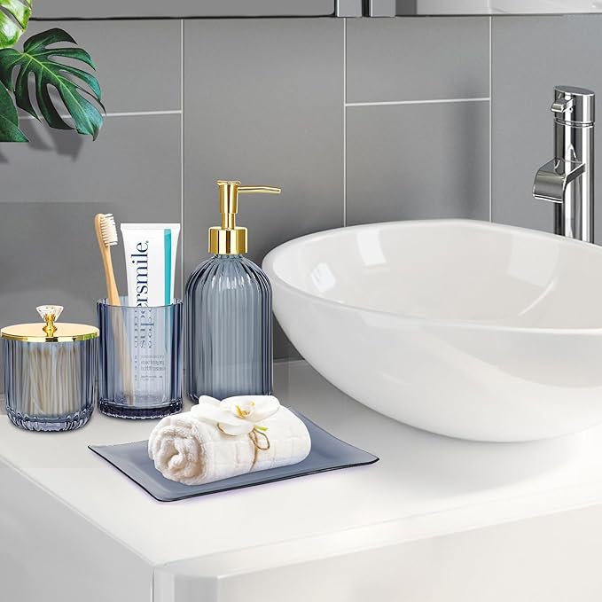 Haturi Bathroom Accessories Set, 4 Pcs Blue Glass Bathroom Accessories Sets Complete w/Lotion Soap Dispenser, Toothbrush Holder, Apothecary Jar, Vanity Tray, Bathroom Decor, Gift for Home Apartment