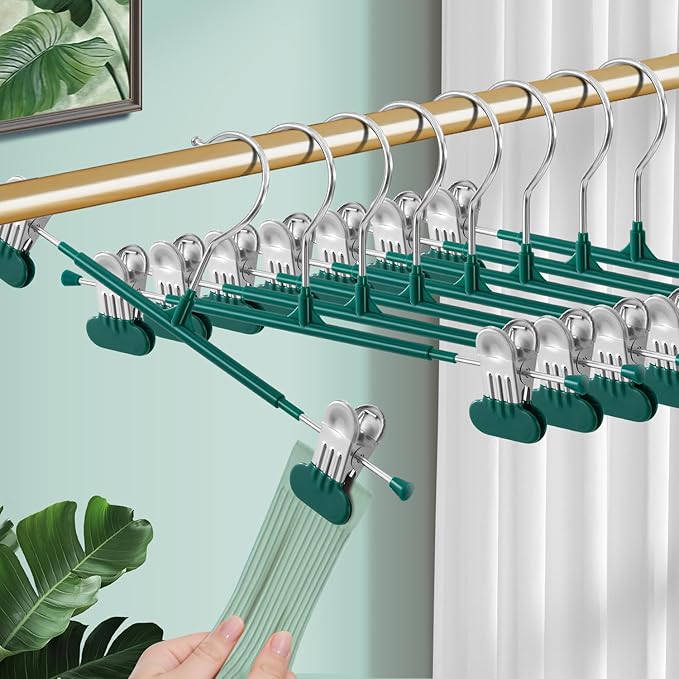 Clothes Pants Hangers with Wide Clips 20 Pack,Non-Slip Adjustable Skirt Hanger for Women,Space-Saving Heavy Duty Men Hangers for Pants,Trousers,Jeans,Shorts 12Inch Green