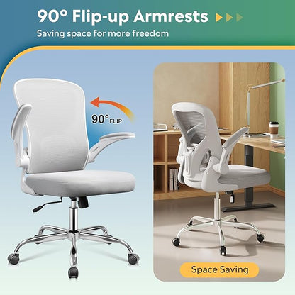 DEVAISE Office Chair Ergonomic Computer Desk Chair with Flip-up Armrests, Comfy Mesh with Adjustable Lumbar Support, White