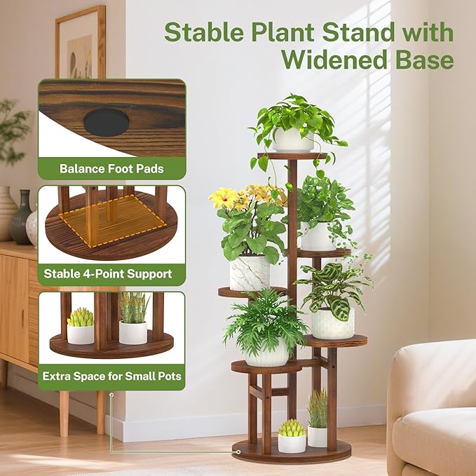 iDavosic.ly 5 Tier Plant Stand Indoor with Grow Light, Tiered Corner Wood Multiple Flower Holder Shelf, Tall Orchid Display Rack for Living Room Bedroom, Brown