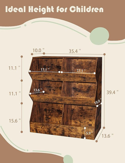 DINZI LVJ Toy Storage Organizer, Kids Bookshelf, Wooden Toy Storage Cabinet, 6 Cubby Children Bookcase, 35.4" L Toddler Book Shelf for Playroom, Living Room, Nursery, Hallway, School, Rustic Brown