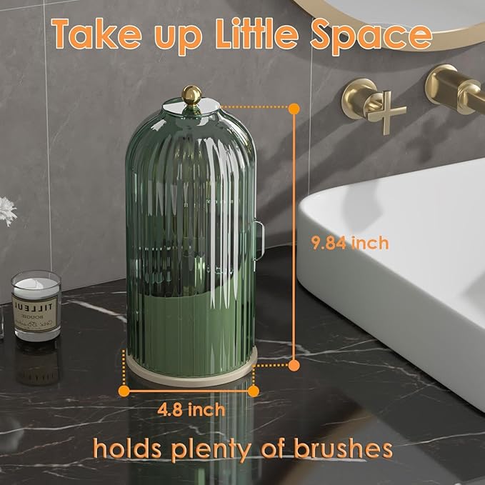 Makeup Brush Holder with Lid 360 Rotating Clear Dustproof Make Up Organizers for Vanity Bathroom Countertop, Green Beige