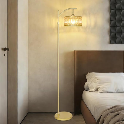 Gold Floor Lamp, Arc Floor Lamp for Bedroom, Standing Lamps for Living Room, Crystal Mid Century Modern Tall Lamp, Corner Stand Up Lamp, Height Adjustable Arched Brass Reading Lamps (Bulb Included)