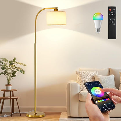 Floor Lamp for Living Room with Remote,Dimmable Tall Standing Lamps,Modern Floor Light with Smart RGB Bulb,App Control,3 Color Temperatures,Fabric Shades,Gold Floor Lamp for Bedroom Office Corner