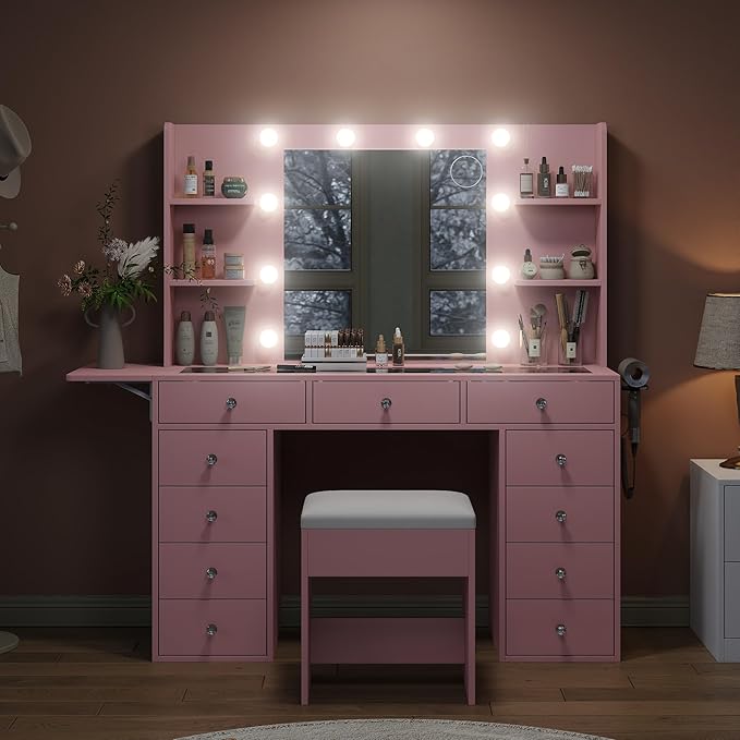 Vanity Desk with Power Outlet, 11 Drawers Makeup Vanity with Lighted Mirror, 3 Colors Adjustable, Glass Top Vanity with Chair, 4 Shelves and Fold-up Panel, Dressing Table for Bedroom, Pink