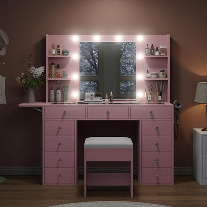 Vanity Desk with Power Outlet, 11 Drawers Makeup Vanity with Lighted Mirror, 3 Colors Adjustable, Glass Top Vanity with Chair, 4 Shelves and Fold-up Panel, Dressing Table for Bedroom, Pink