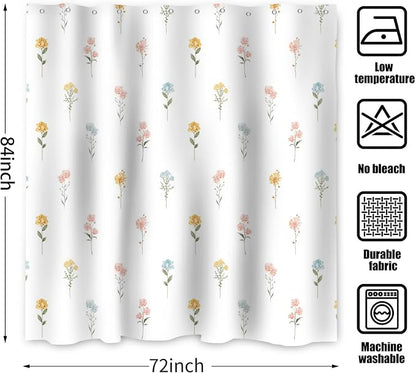 Floral Extra Long Shower Curtain, Wildflower Botanical Plant Leaves Cute Flower Spring Herbs Elegant Waterproof Fabric Machine Washable for Bathroom Bathtub Decor with Hooks 72Wx78H