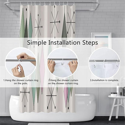 Mid Century Shower Curtain Modern Abstract Green Pink Diamond Geometric Atomic Starburst Pattern for 1950s Retro Bathroom Decor Accessories Shower Curtain Set with 12 Hooks, 48x72 Inches