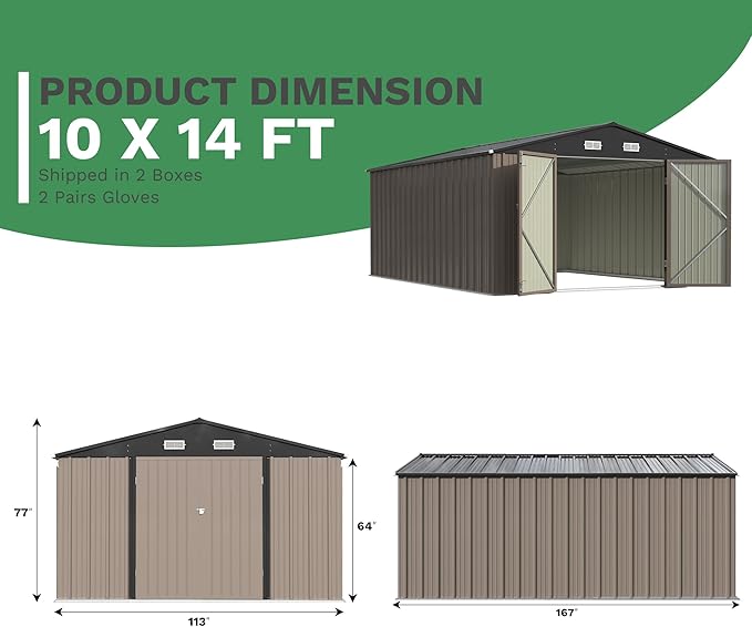 Patiowell 10x14 FT Outdoor Storage Shed, Large Metal Garden Shed with Lockable Door and Sloping Roof, Outside Steel Utility Tool Sheds for Backyard Lawn Garden Patio, Brown
