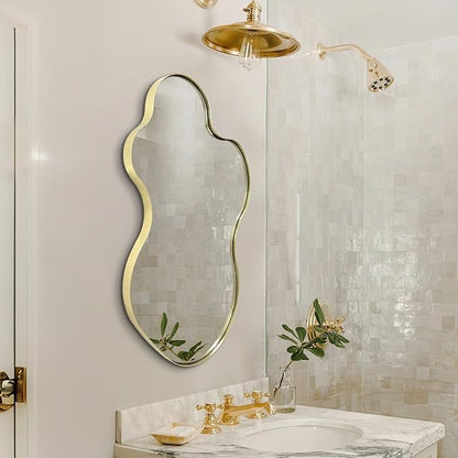Irregular Wall Mirror, 30"x18" Asymmetrical Decorative Accent Mirror with Gold Metal Frame, Organic Shape Mirrors for Entryway Bedroom Living Room, Horizontal or Vertical Hanging ﻿