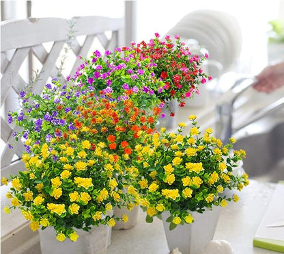 10 Bundles Artificial Fake Flowers, Faux Outdoor Plastic Plants UV Resistant Shrubs Outside Indoor Decorations (Yellow-Eucalyptus)