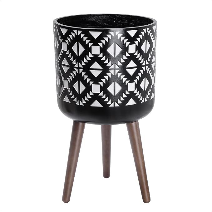 D'vine Dev 12 Inch Planter Pot with Stand, Mid-Century Tall Plant Pot with Legs for Indoor Plants, White/Black, 88-G-C-4