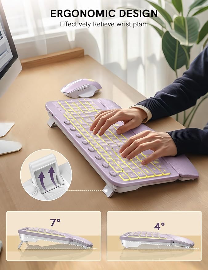 SABLUTE Ergonomic Wireless Keyboard and Mouse Combo - Wave Keyboard with Soft Leather Wrist Rest, Resistant Keys, RGB Backlit Rechargeable Set for PC/Mac/Chromebook (Lavender Purple)