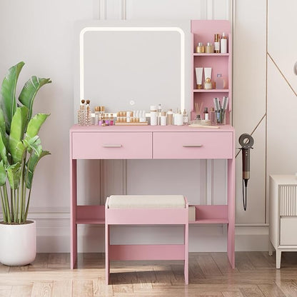 Makeup Vanity with Lighted Mirror & Electrical Outlet - 2 Shelves, 2 Drawers, Bottom Storage - Comes with Upholstered Stool （Pink）