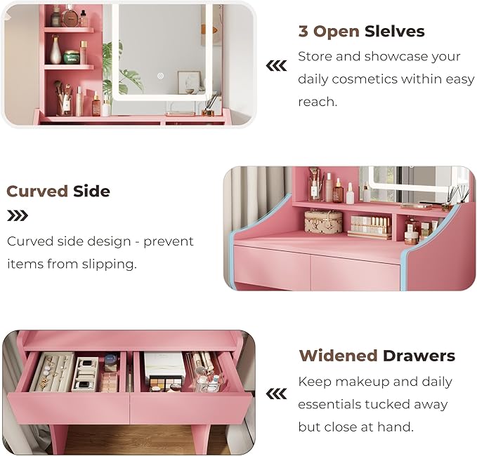 Small Vanity Desk, Makeup Vanity with Mirror and Lights, Vanity Desk with Drawer & 3 Storage Shelves, Pink Makeup Vanity Desk with Lights for Bedroom