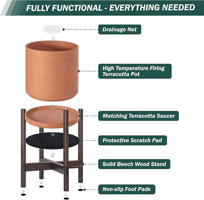 D'vine Dev Terracotta Planter with Walnut Color Stand - 10 Inch Modern Round Flower Pot with Wood Planter Holder, Terracotta, 55-B-X-5