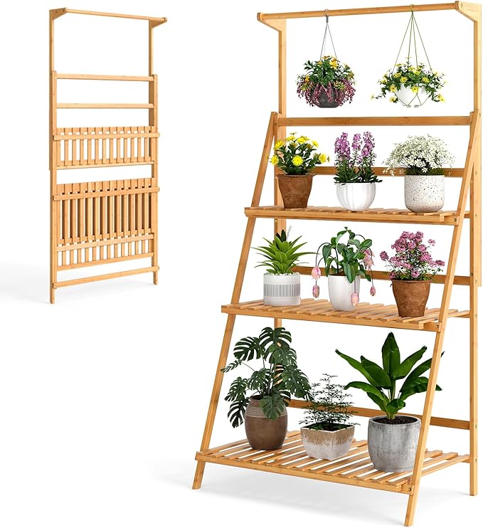 Giantex Plant Stand Indoor Outdoor - Bamboo 3-Tier Hanging Tall Ladder Flower Pot Display Organizer Rack w/Height Adjustable Rod, Folding Plant Shelf Holder for Living Room Corner Patio Garden Balcony