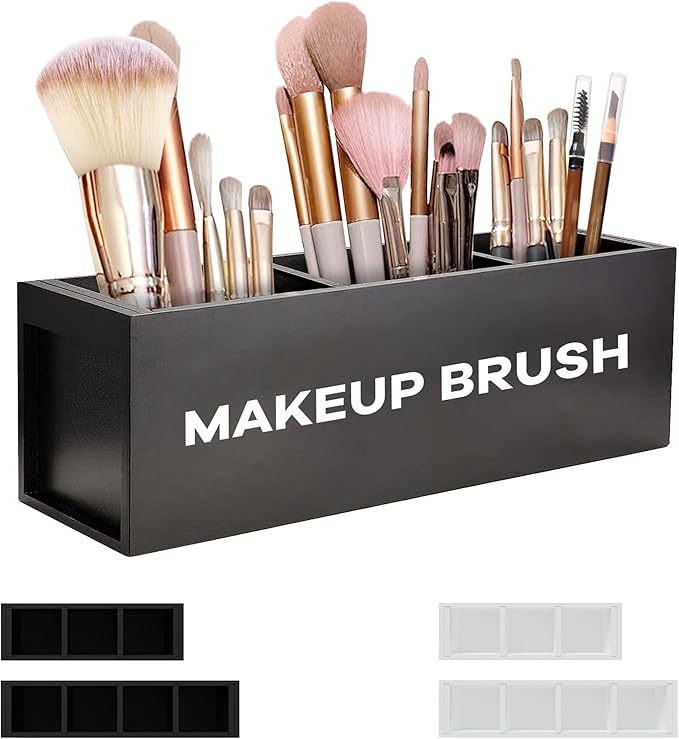 Suli Large Makeup Brush Holder Organizer, Wooden Cosmetic Brushes Storage with 3 Slots, Eyeliners Display Case for Vanity Desktop Bathroom Countertop -Black