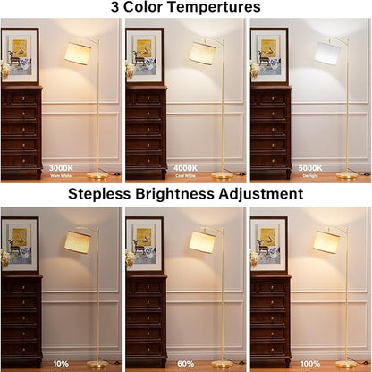 Ambimall 60" Gold Floor Lamp with Remote Control and Stepless Dimmable Bulb, Colors Temperature & Brightness Adjustable, Modern Floor Lamps for Living Room, Beige Shade & Gold Pole