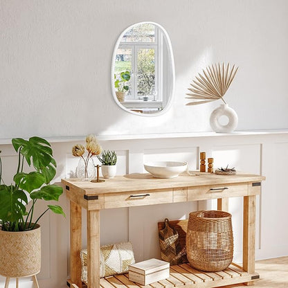 Asymmetrical Wood Frame Bathroom Mirrors for Wall Unique Irregular Oval White Mirror Modern Living Room Bedroom Vanity Entryway Hallway Decorative Artistic Hanging Wall Mirror 16"x12" White