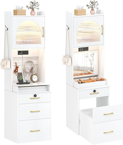 KAMABOKO Vanity Desk with Mirror and Lights, Large Makeup Vanity Table Set with Drawers & Cabinets & Power Outlet, 3 LED Lights Modes Adjustable (029 White)