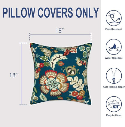Outdoor Throw Pillow Covers Pack of 2, Decorative Water Repellent Square Pillow Cases 18x18 Inch, Patio Pillowcases for Home Patio Furniture Use, Peacock Blue