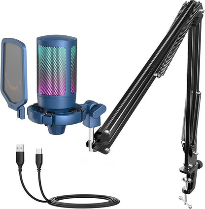 FIFINE USB Gaming Streaming Recording PC Microphone Kit, RGB Condenser Computer