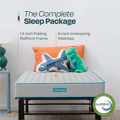 Linenspa 6-Inch Innerspring Mattress - Full + 14-Inch Folding Platform Bed Frame
