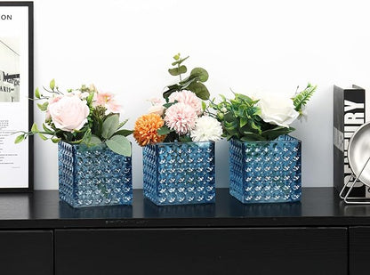 Square Vases Set of 6, 4" x 4" x 4" Square Glass Vases for Flowers, Blue Flower Vase for Centerpieces, Small Bubble Vase for Wedding, Party, Home, Office, Parties, Events