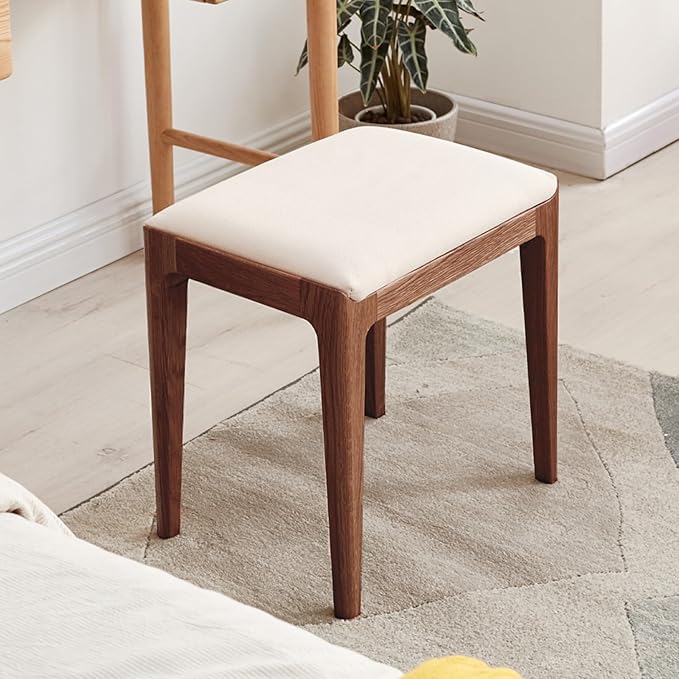 Solid Wood Small Vanity Stool Chair, High-Rebound Sponge Seat, Fully Assembled Makeup Chair, Footstool for Bedroom, Dining Room, Entryway, Walnut