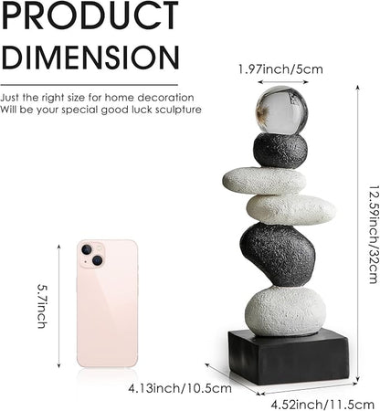FJS Modern Fake Stone Sculpture Decor for Living Room, Black and White Stacked Statue for Coffee Table Centerpiece, Resin Sculptures for TV Stand Shelf Bookshelf Decorations, Gifts for Good Luck