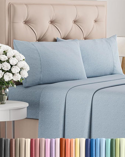 Cal King Size 4 Piece Sheet Set - Comfy Breathable & Cooling Bed Sheets Set - Hotel Luxury Bedding for Women, Men, Kids, Teens, Boys & Girls - Deep Pockets and Wrinkle Free - Blue (Heathered Sheets)