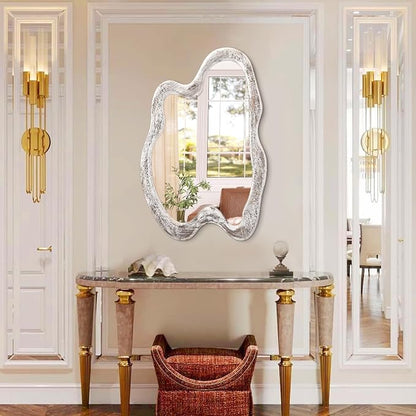 AAZZKANG Irregular Wooden Wall Mirror 28"x20" Asymmetrical Large Minimalist Decorative Mirrors for Wall,Rustic Irregular for Bedroom Living Room Entryway